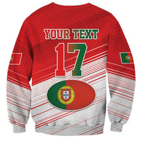 Red custom rugby sweatshirt, back shows YOUR TEXT 17, Portugal crest oval, striped design.