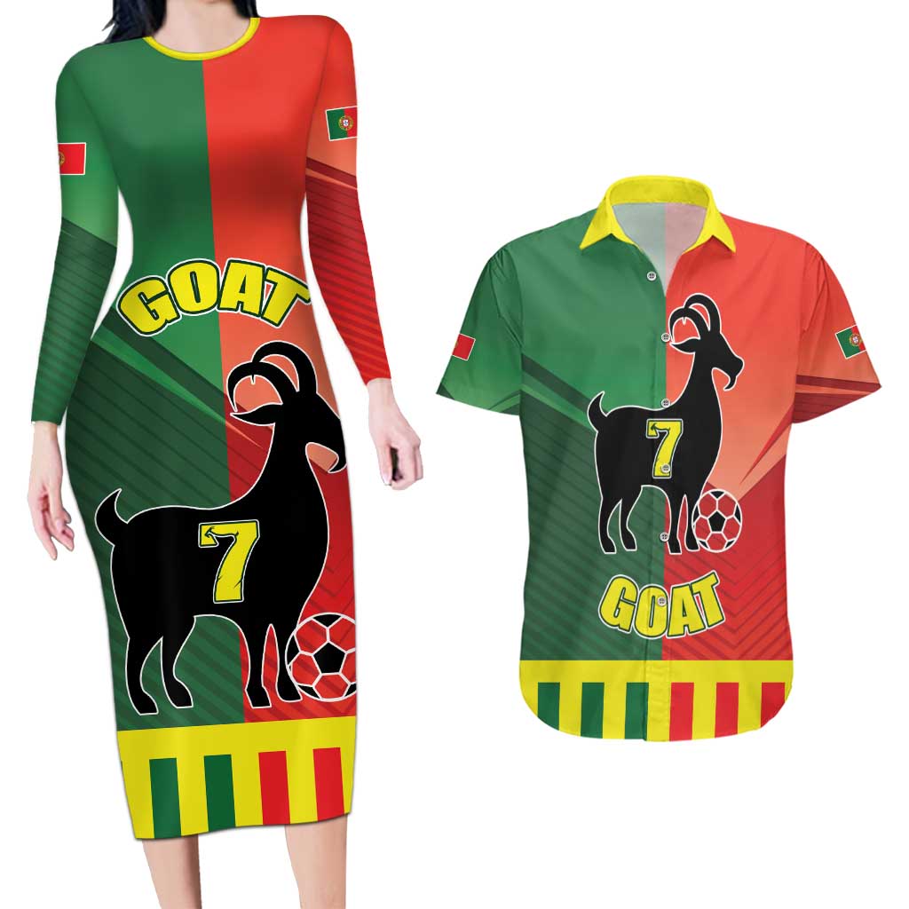 Personalized Portugal 7 Goat Couples Matching Long Sleeve Bodycon Dress and Hawaiian Shirt Greatest Of All Time Sporty Style