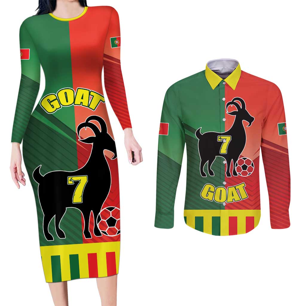 Personalized Portugal 7 Goat Couples Matching Long Sleeve Bodycon Dress and Long Sleeve Button Shirt Greatest Of All Time Sporty Style