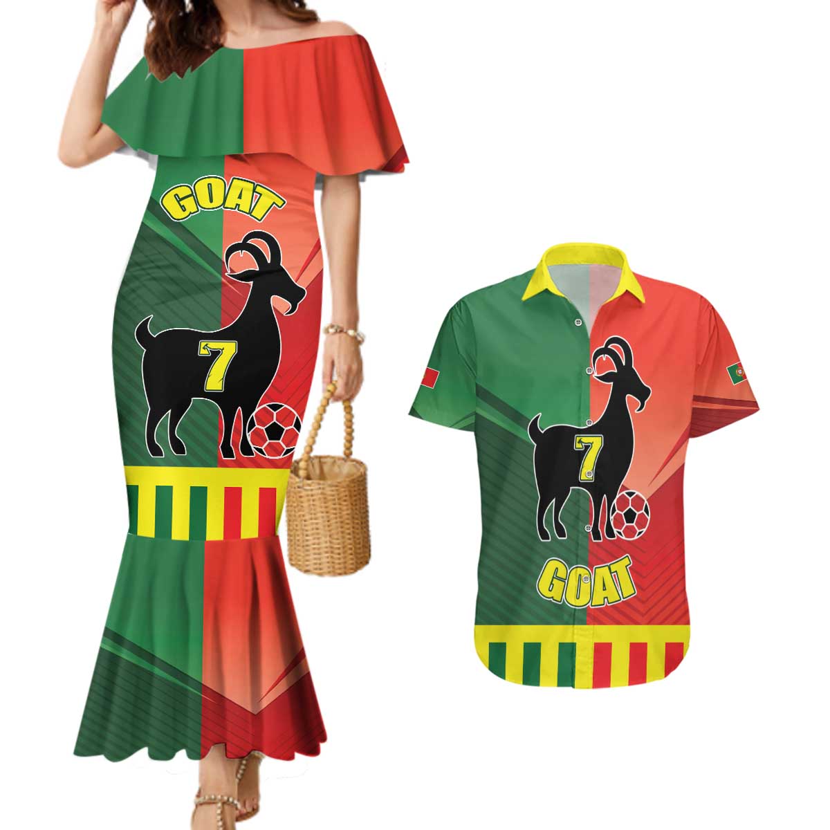 Personalized Portugal 7 Goat Couples Matching Mermaid Dress and Hawaiian Shirt Greatest Of All Time Sporty Style