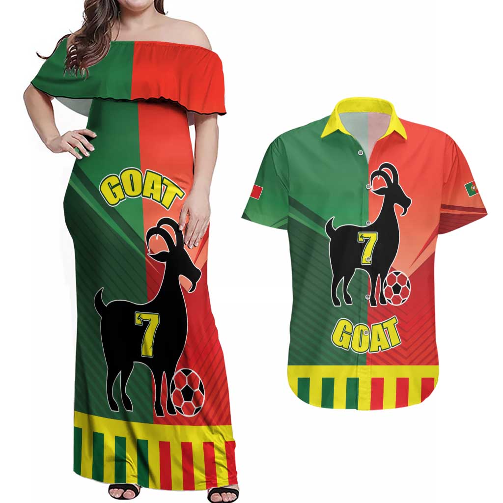 Personalized Portugal 7 Goat Couples Matching Off Shoulder Maxi Dress and Hawaiian Shirt Greatest Of All Time Sporty Style