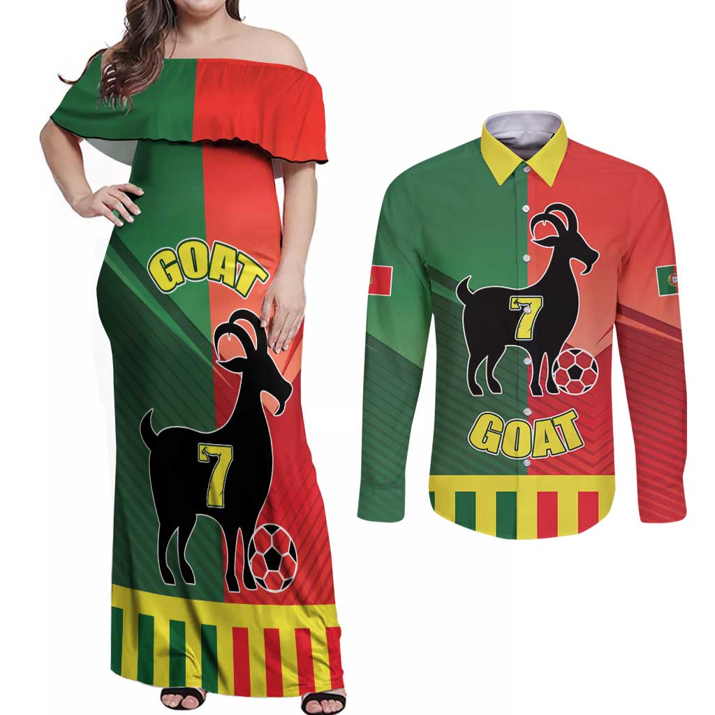 Personalized Portugal 7 Goat Couples Matching Off Shoulder Maxi Dress and Long Sleeve Button Shirt Greatest Of All Time Sporty Style