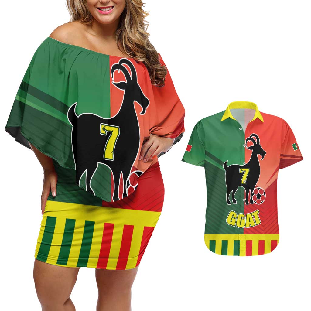 Personalized Portugal 7 Goat Couples Matching Off Shoulder Short Dress and Hawaiian Shirt Greatest Of All Time Sporty Style