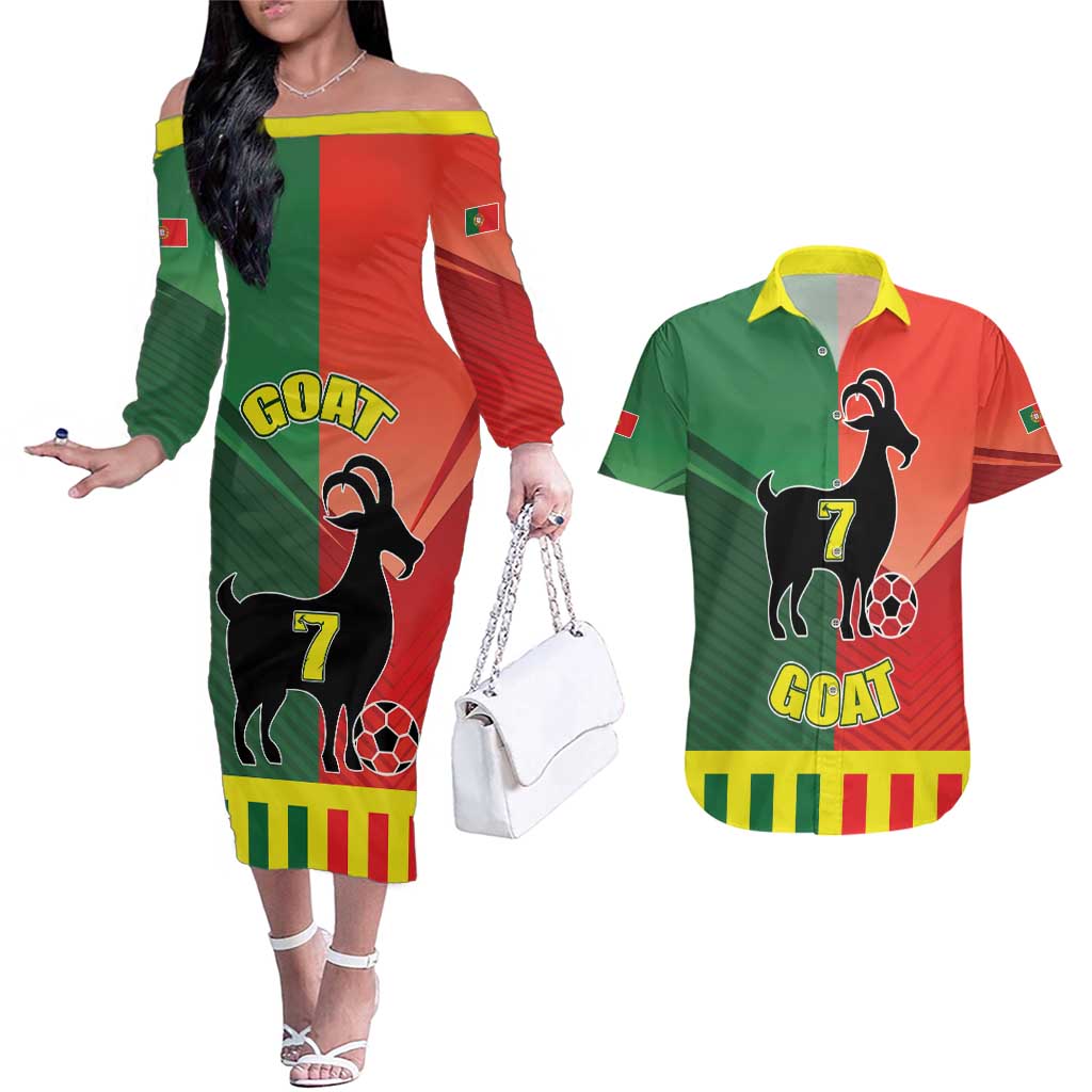 Personalized Portugal 7 Goat Couples Matching Off The Shoulder Long Sleeve Dress and Hawaiian Shirt Greatest Of All Time Sporty Style