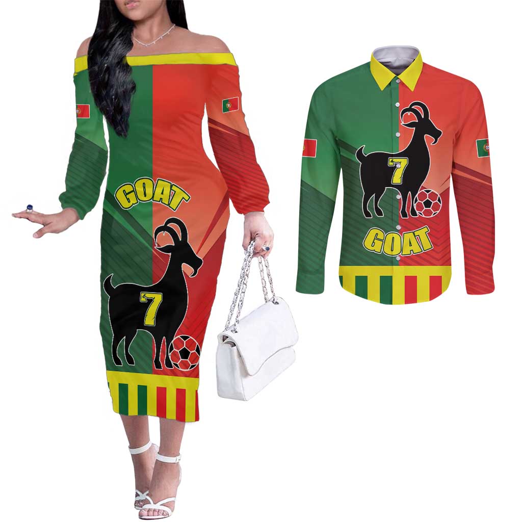 Personalized Portugal 7 Goat Couples Matching Off The Shoulder Long Sleeve Dress and Long Sleeve Button Shirt Greatest Of All Time Sporty Style