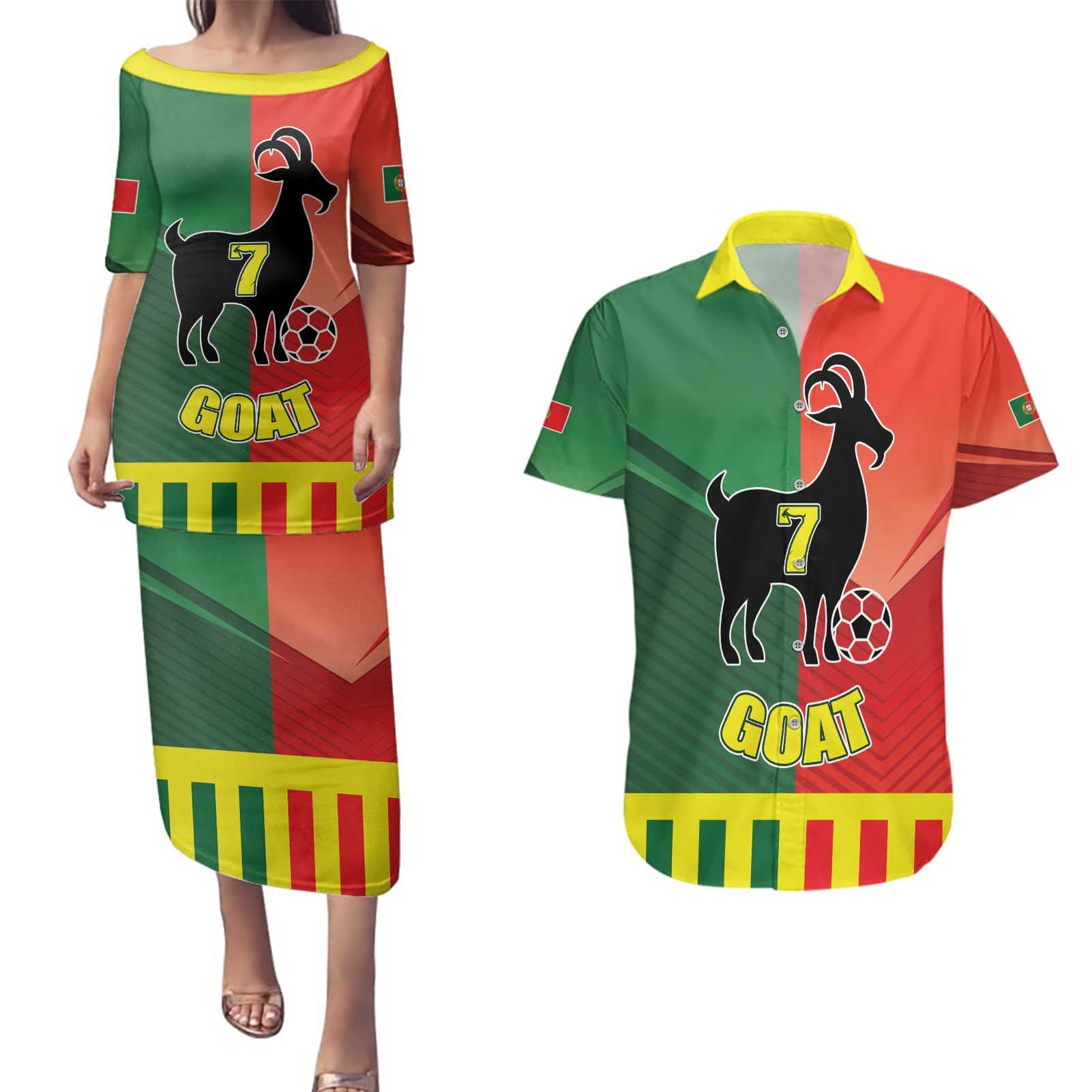 Personalized Portugal 7 Goat Couples Matching Puletasi and Hawaiian Shirt Greatest Of All Time Sporty Style