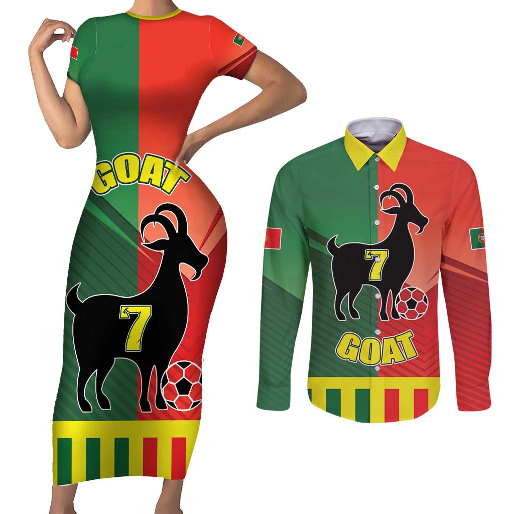 Personalized Portugal 7 Goat Couples Matching Short Sleeve Bodycon Dress and Long Sleeve Button Shirt Greatest Of All Time Sporty Style