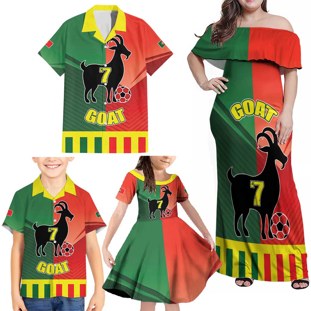 Personalized Portugal 7 Goat Family Matching Off Shoulder Maxi Dress and Hawaiian Shirt Greatest Of All Time Sporty Style