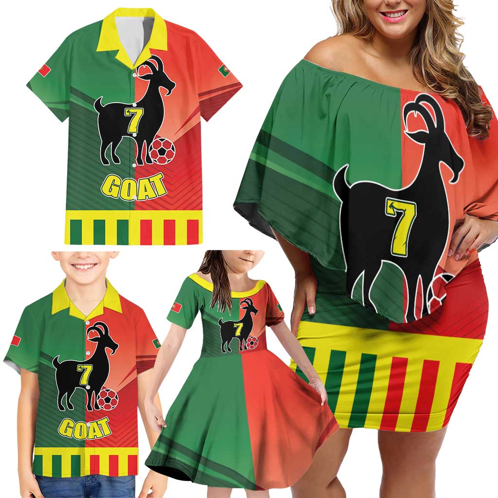 Personalized Portugal 7 Goat Family Matching Off Shoulder Short Dress and Hawaiian Shirt Greatest Of All Time Sporty Style