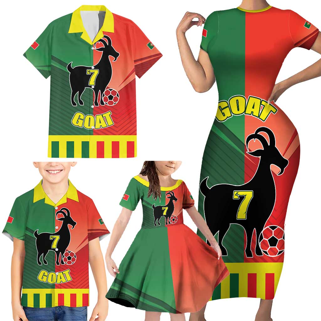 Personalized Portugal 7 Goat Family Matching Short Sleeve Bodycon Dress and Hawaiian Shirt Greatest Of All Time Sporty Style