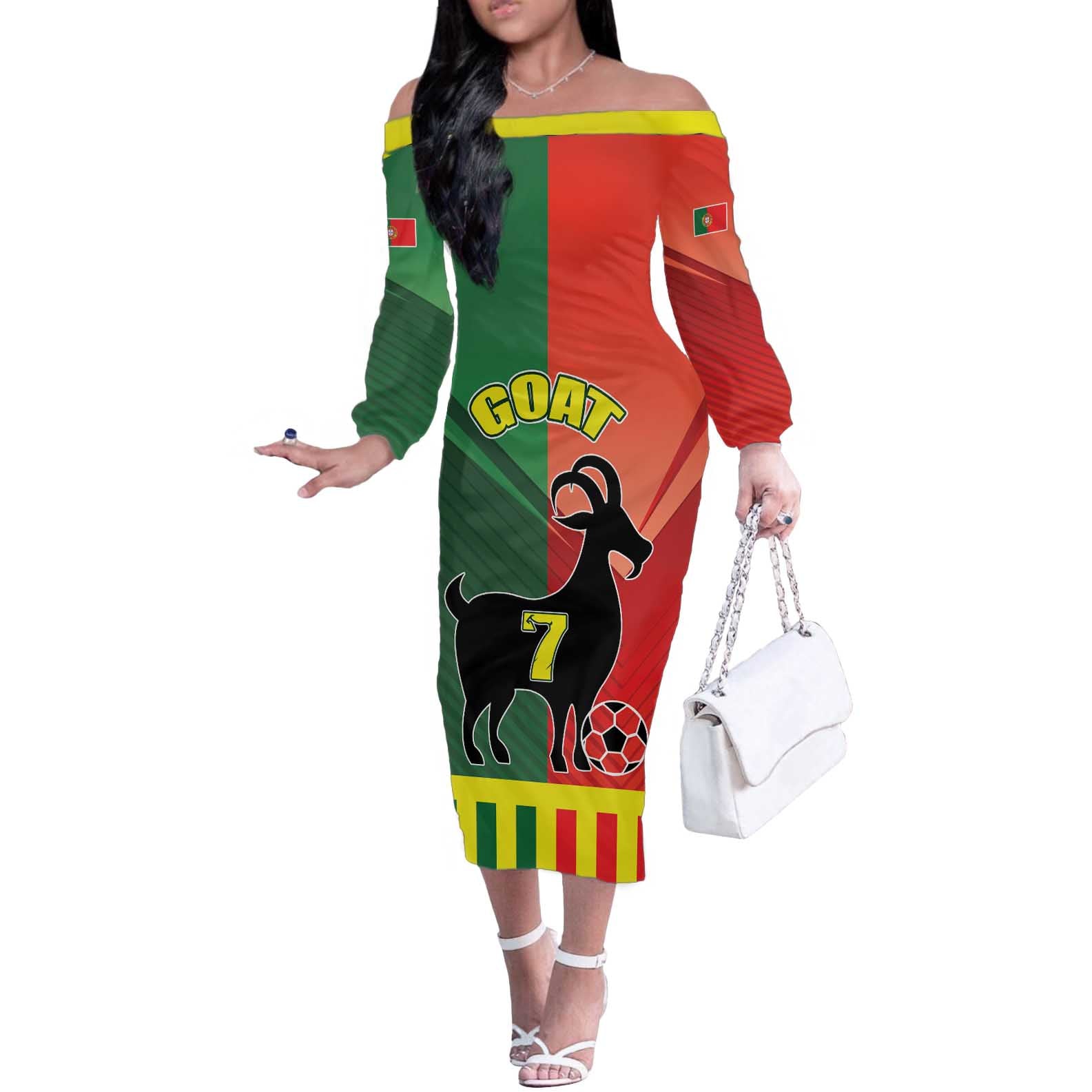 Personalized Portugal 7 Goat Off The Shoulder Long Sleeve Dress Greatest Of All Time Sporty Style