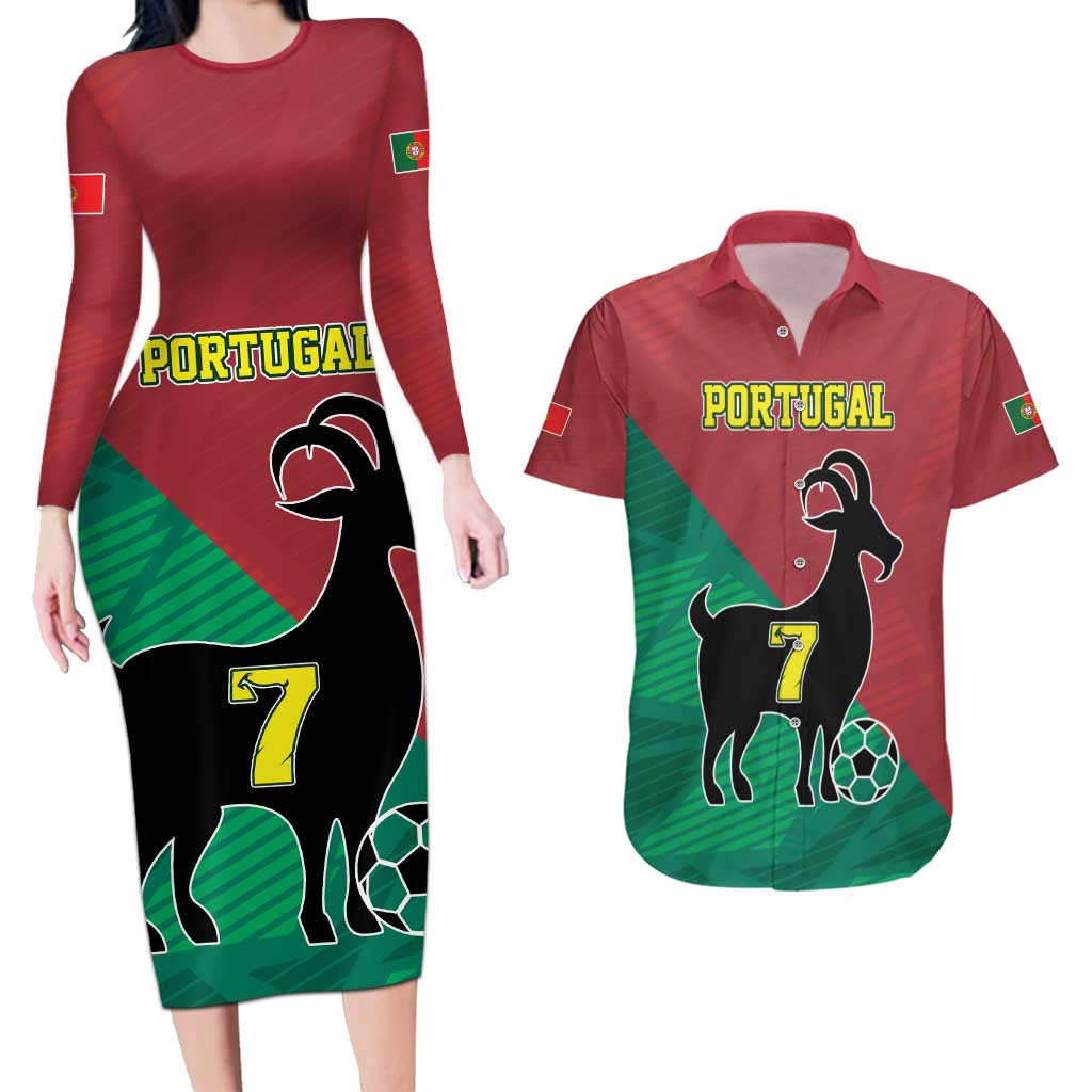 Personalized Portugal 7 Goat Couples Matching Long Sleeve Bodycon Dress and Hawaiian Shirt Greatest Of All Time Red Green Vintage