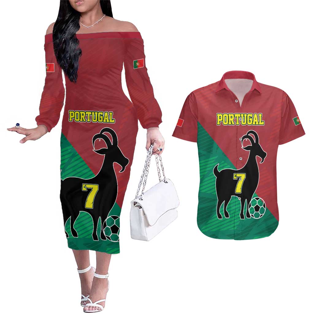 Personalized Portugal 7 Goat Couples Matching Off The Shoulder Long Sleeve Dress and Hawaiian Shirt Greatest Of All Time Red Green Vintage