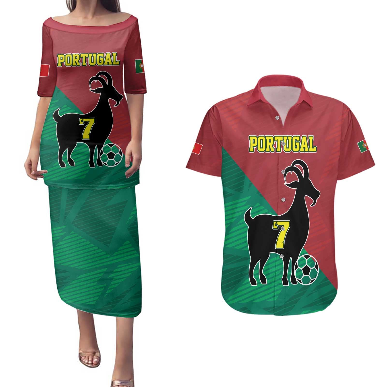 Personalized Portugal 7 Goat Couples Matching Puletasi and Hawaiian Shirt Greatest Of All Time Red Green Vintage