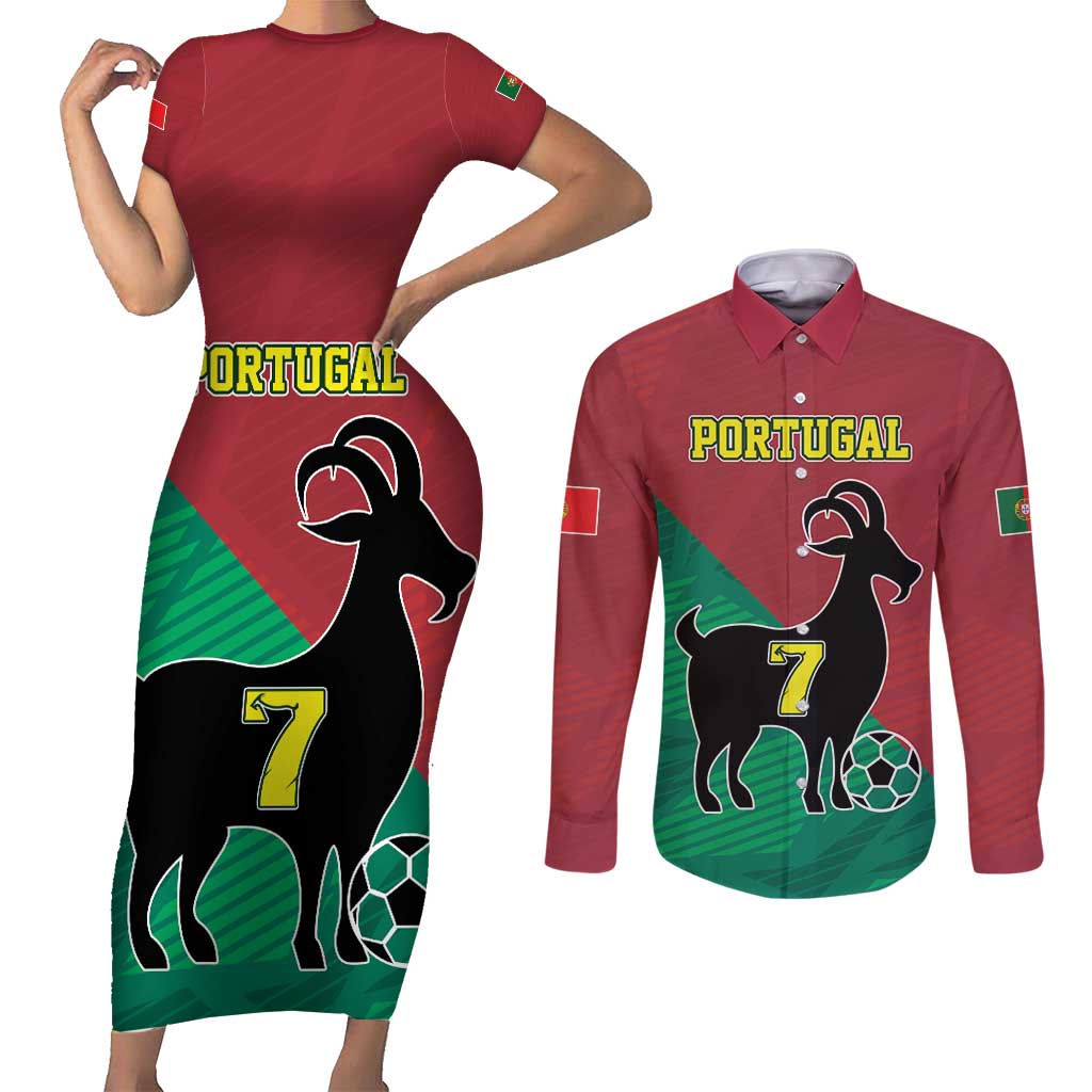 Personalized Portugal 7 Goat Couples Matching Short Sleeve Bodycon Dress and Long Sleeve Button Shirt Greatest Of All Time Red Green Vintage