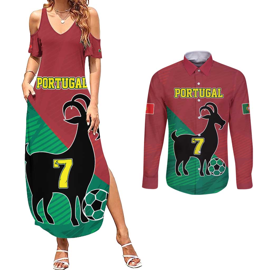 Personalized Portugal 7 Goat Couples Matching Summer Maxi Dress and Long Sleeve Button Shirt Greatest Of All Time Red Green Vintage