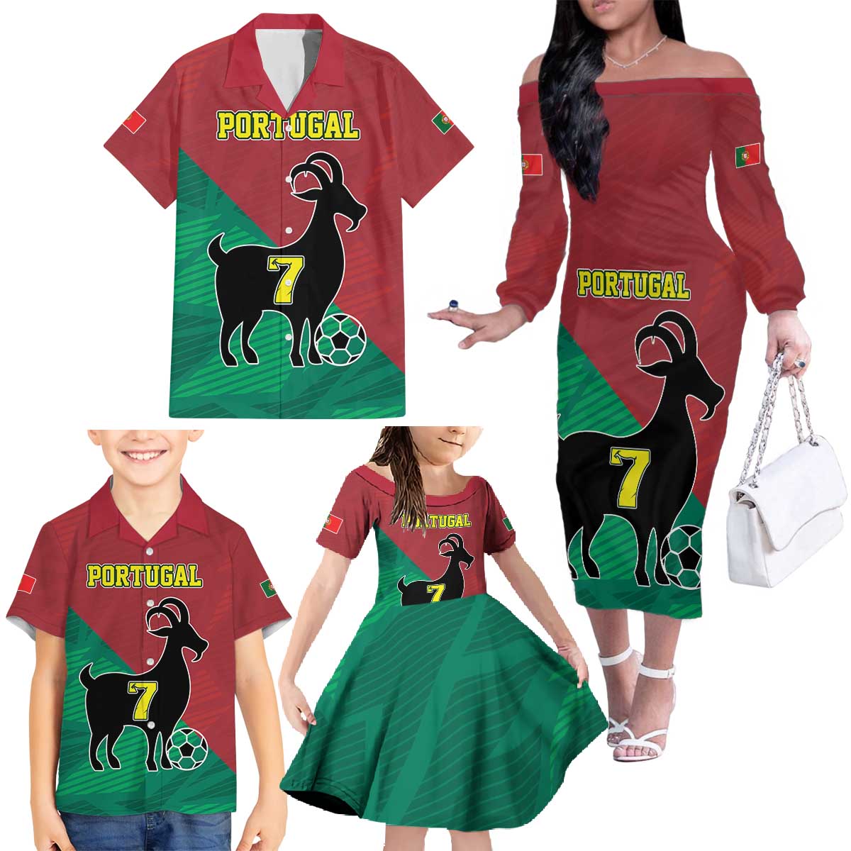 Personalized Portugal 7 Goat Family Matching Off The Shoulder Long Sleeve Dress and Hawaiian Shirt Greatest Of All Time Red Green Vintage