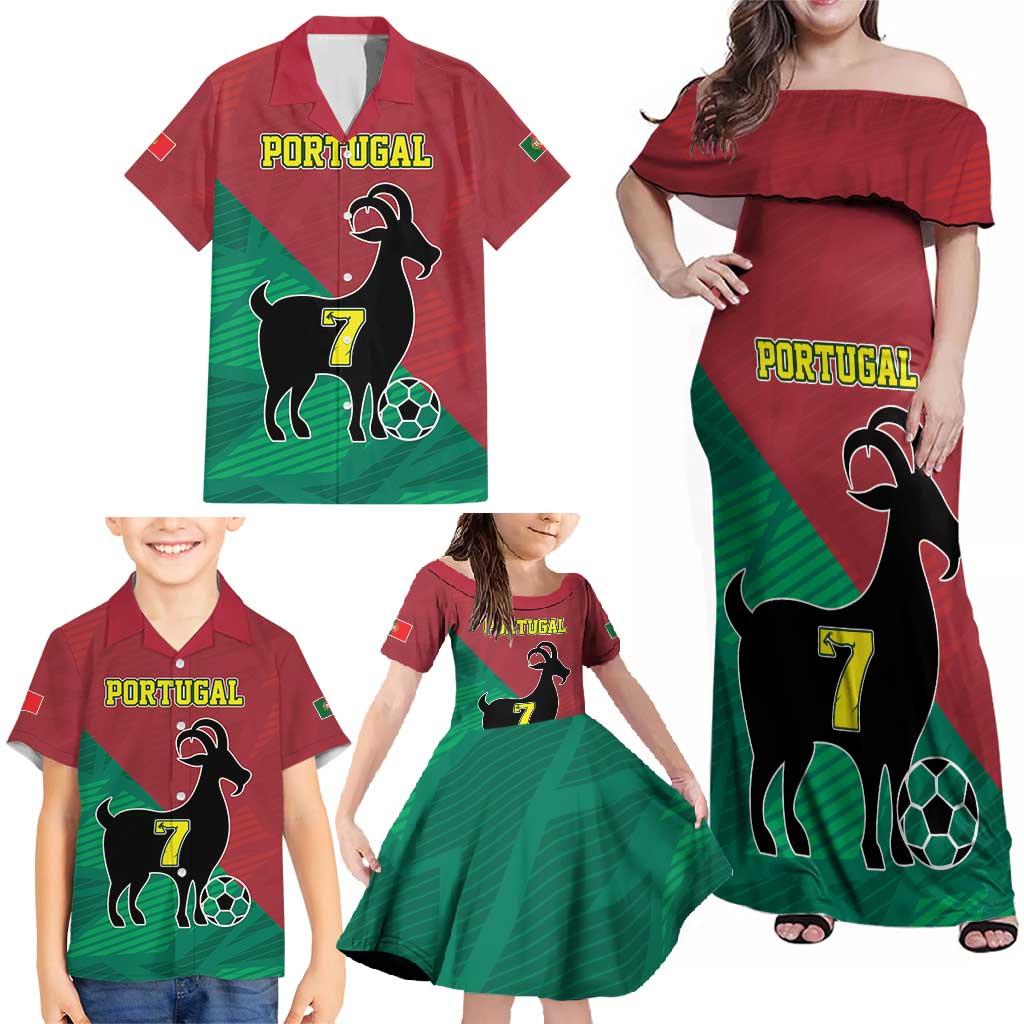 Personalized Portugal 7 Goat Family Matching Off Shoulder Maxi Dress and Hawaiian Shirt Greatest Of All Time Red Green Vintage