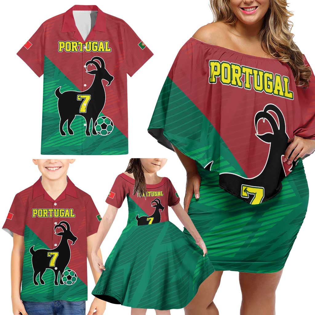 Personalized Portugal 7 Goat Family Matching Off Shoulder Short Dress and Hawaiian Shirt Greatest Of All Time Red Green Vintage