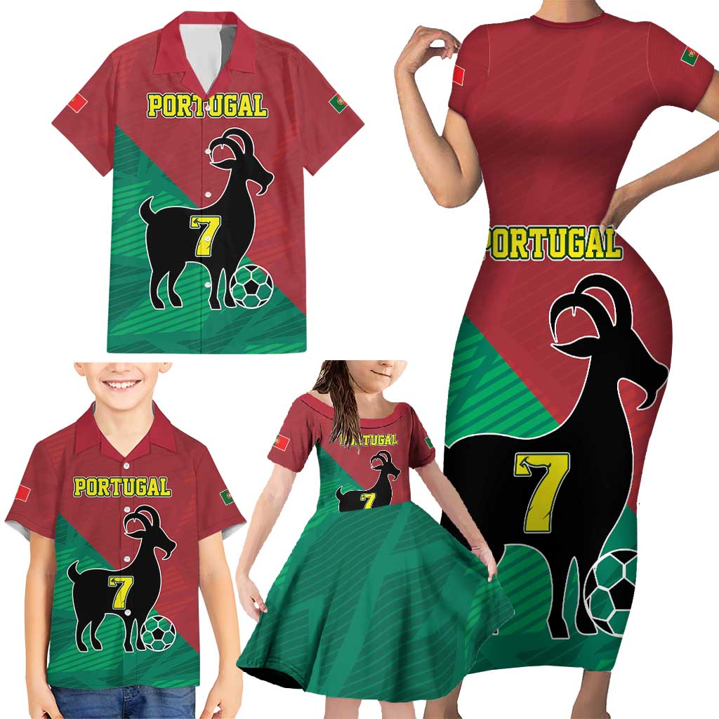 Personalized Portugal 7 Goat Family Matching Short Sleeve Bodycon Dress and Hawaiian Shirt Greatest Of All Time Red Green Vintage