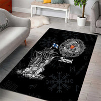 Black Viking area rug with white ship, Suomi text, circular emblem, Nordic symbols, blue accents