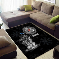 Black Viking area rug with white Viking ship, Suomi lettering, circular emblem, snowflake motifs