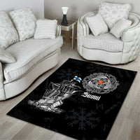 Black Viking area rug with white ship, Suomi lettering, circular emblem, blue flag detail