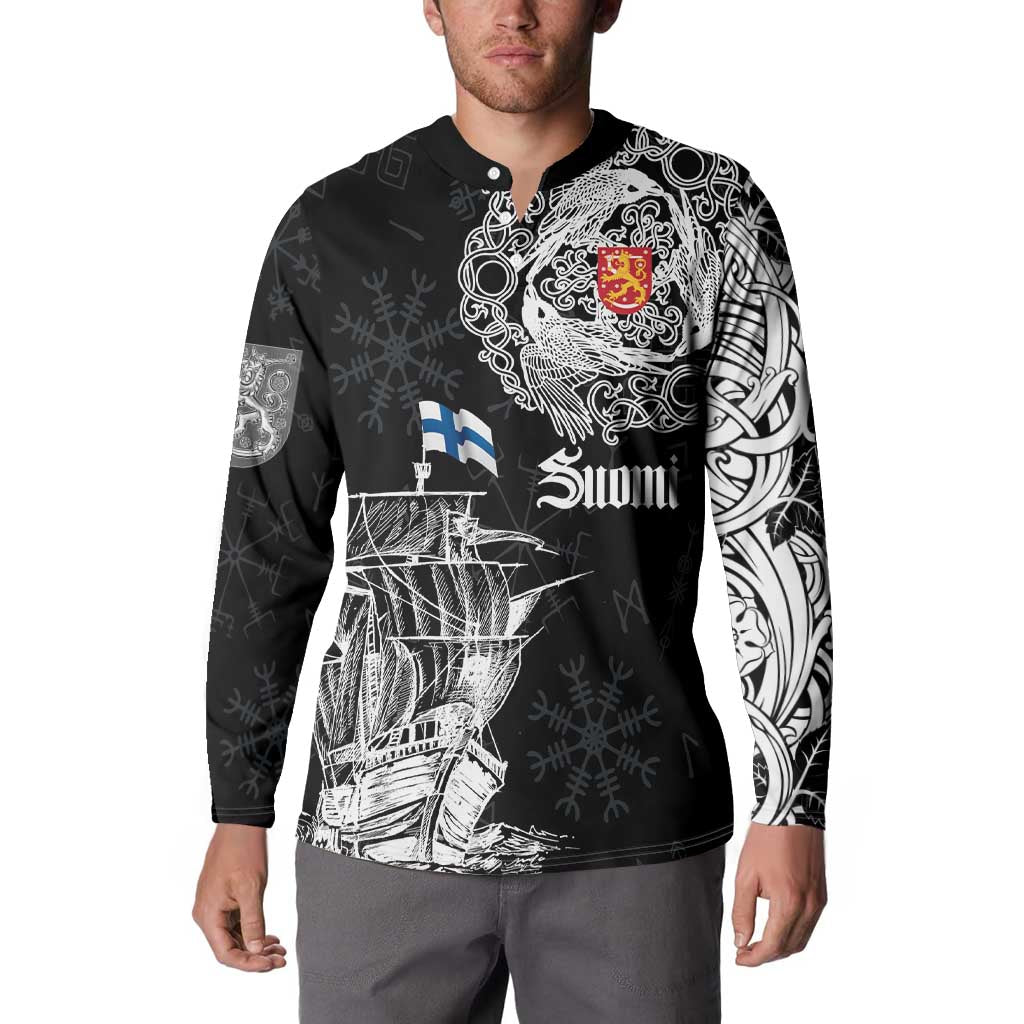 Black long-sleeve button sweatshirt on model, featuring Viking ship and crest front print