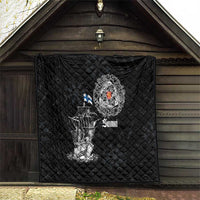 Black quilt with diamond stitching and white Viking ship graphic with crest and “Suomi” lettering