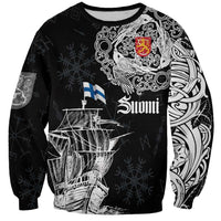 Unisex black sweatshirt with Viking ship graphic, Suomi text, and Finland flag
