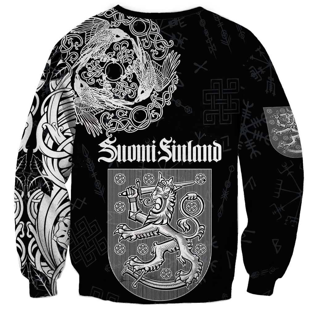 Unisex black sweatshirt with Suomi Finland emblem and ornate Viking-style pattern