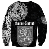 Unisex black sweatshirt with Suomi Finland emblem and ornate Viking-style pattern