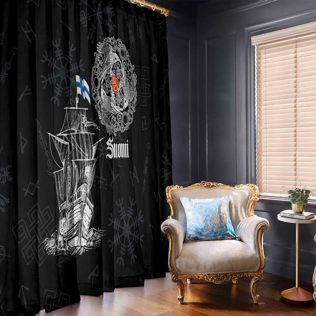 Black window curtain panel with Viking ship print, 'Suomi' emblem and Finland flag