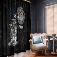 Black window curtain panel with Viking ship print, 'Suomi' emblem and Finland flag