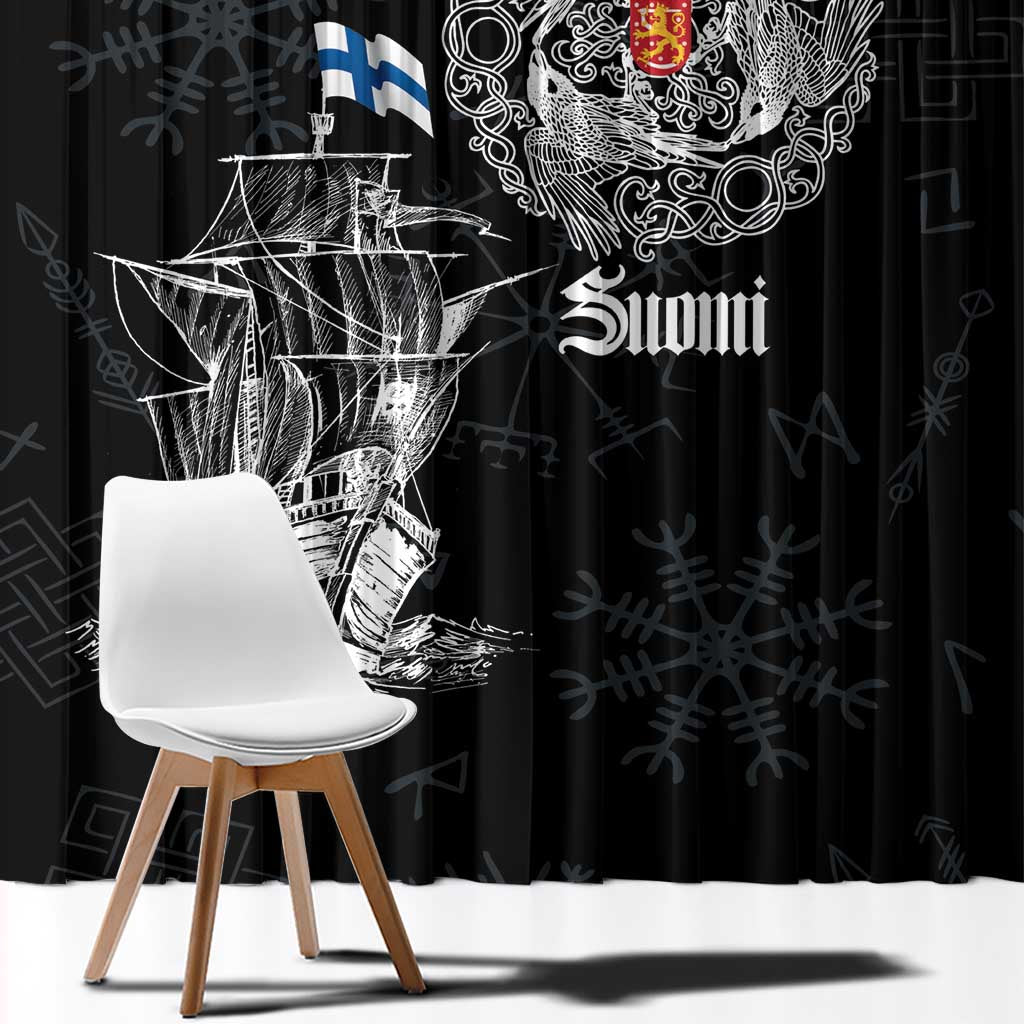 Black window curtain with large Viking ship illustration and 'Suomi' text