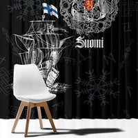 Black window curtain with large Viking ship illustration and 'Suomi' text