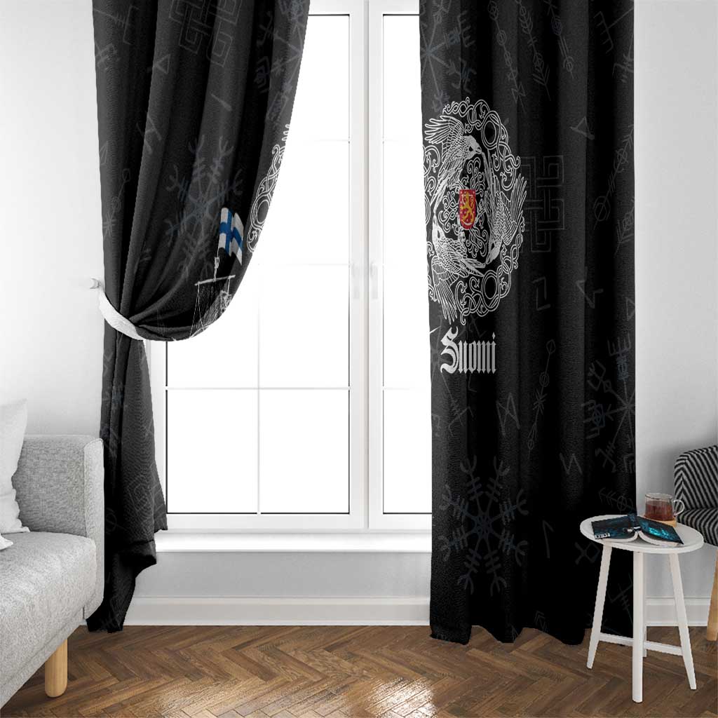 Black window curtains with Viking ship panel and 'Suomi' emblem on right panel