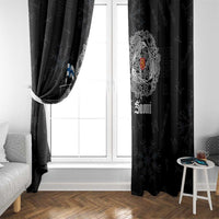 Black window curtains with Viking ship panel and 'Suomi' emblem on right panel