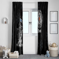 Black window curtains with Viking ship print and 'Suomi' crest on a split pair