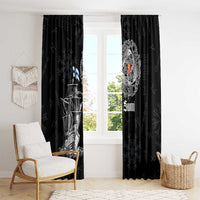 Black window curtain panels with Viking ship motif and 'Suomi' emblem, two sides