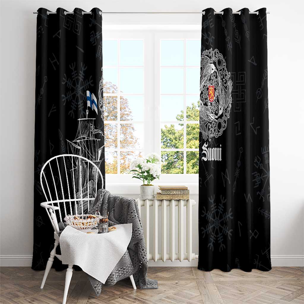 Black window curtains with Viking ship artwork and 'Suomi' crest, hanging on rod
