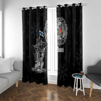 Black window curtains with Viking ship panel and 'Suomi' emblem on right curtain