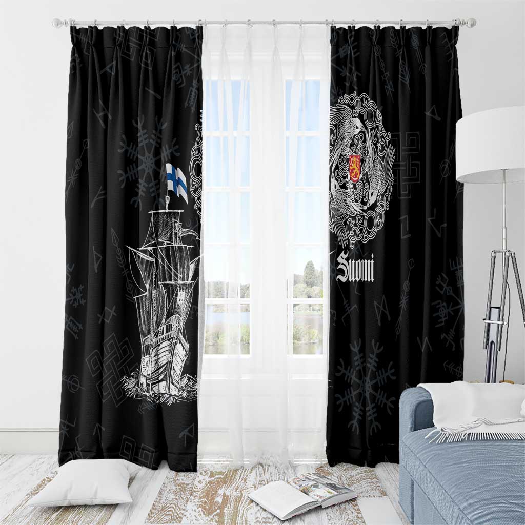 Black window curtain set with Viking ship print and 'Suomi' emblem, floor-length panels
