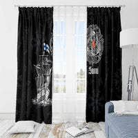 Black window curtain set with Viking ship print and 'Suomi' emblem, floor-length panels