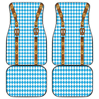 Four blue check car mats with brown suspenders and small medal badge details