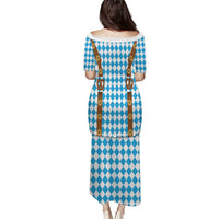 Blue and white diamond print long dress costume with brown strap details