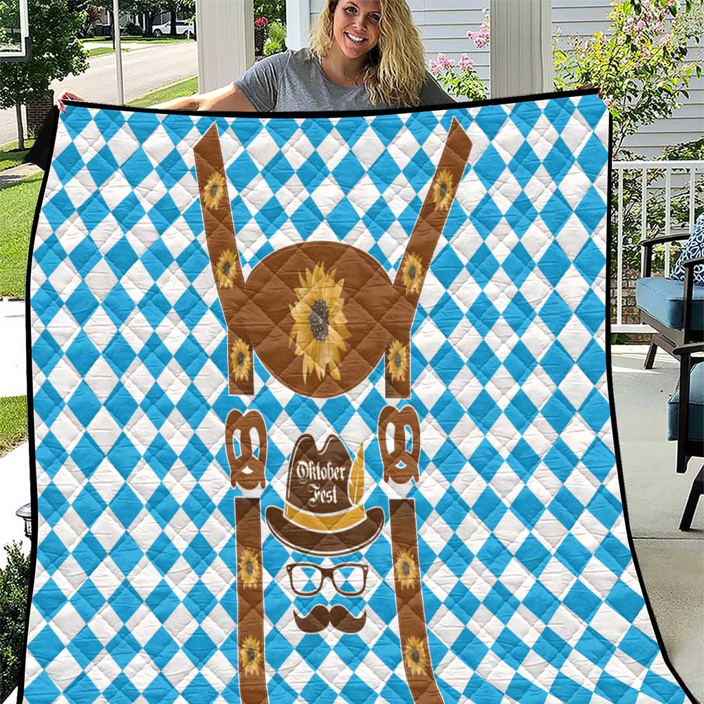 Blue and white diamond quilt with brown Oktoberfest lederhosen graphic and hat