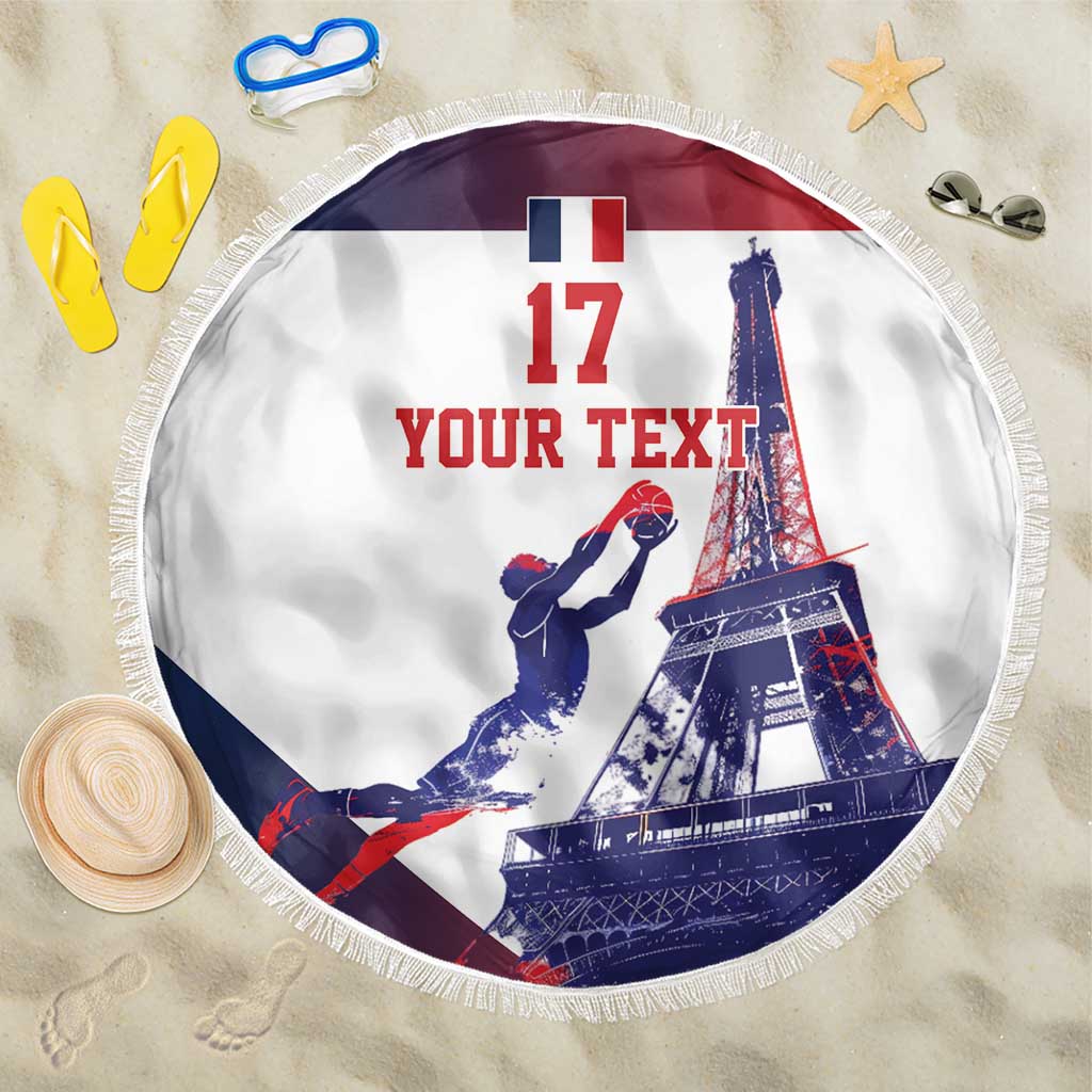 Round beach blanket, white with Eiffel Tower basketball graphic, fringe edge and '17' 'YOUR TEXT'