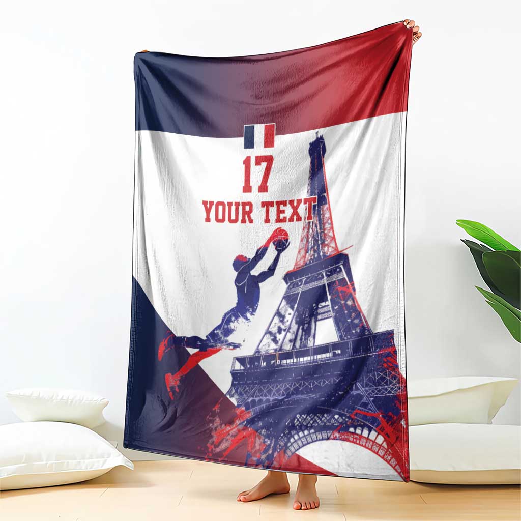 France flag basketball blanket featuring Eiffel Tower, dunk player, and “YOUR TEXT”