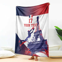 France flag basketball blanket featuring Eiffel Tower, dunk player, and “YOUR TEXT”